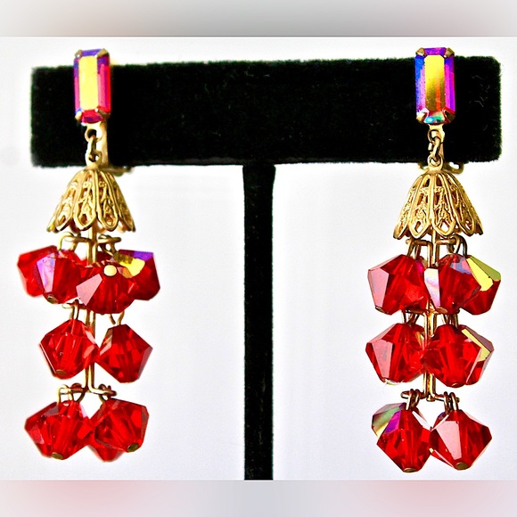 LEWIS SEGAL OF CALIFORNIA EARRINGS CLIP DANGLES RED CRYSTALS 2 1/4TH IN VINTAGE - Picture 4 of 11